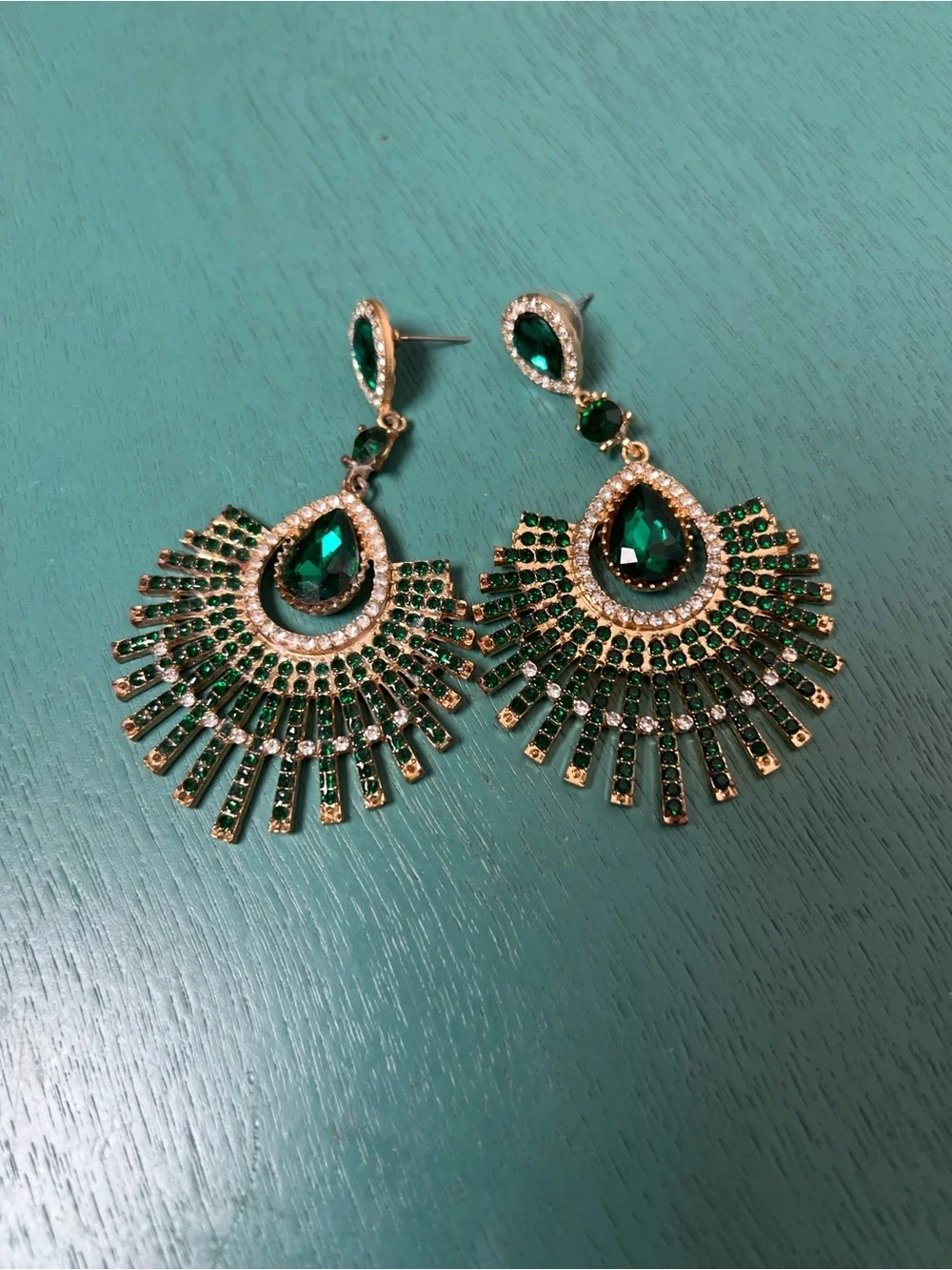 Emerald Green Teardrop Fan Large Statement Earrings